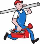 Plumber With Pipe Toolbox Cartoon Stock Photo