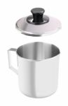 Wide Stainless Gutter Cup With Open Cover On White Background Stock Photo