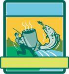 Fly Fisherman Catching Salmon Mug Rectangle Retro Stock Photo