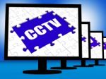 Cctv Monitor Shows Security Surveillance Protection Or Monitorin Stock Photo