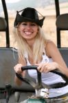 Lady Wearing Cowboy Hat Riding Quad Stock Photo