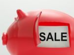 Sale Piggy Bank Shows Reduced Price And Bargains Stock Photo