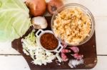 Handmade Preparation Of Sauerkraut And Cabbage Kimchi Stock Photo