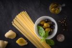 Italian Food Mix On The Black Stone Table Stock Photo