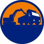 Mechanical Digger Loading Dump Truck Circle Retro Stock Photo