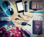 Set Of Travel Accessory On Wooden Background Stock Photo