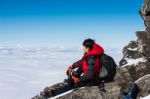 Man On Top Of Mountain,landscape In Winter Stock Photo