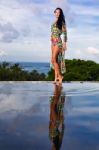 Pretty Brunette Model In Bikini Posing At The Pool Stock Photo