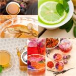 Collection Of Different Herbal Tea Infusion Collage Stock Photo