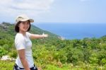 Women Tourist On Viewpoint At Koh Tao Stock Photo