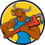 Minotaur Bull Plumber Wrench Circle Cartoon Stock Photo