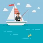 Business Woman Fishing Money Stock Photo