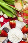 Valentine's Day Sweets And Champagne Setup Stock Photo