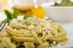 Italian Traditional Basil Pesto Pasta Ingredients Stock Photo