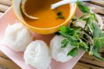 Rice Noodles In Sweet Curry Sauce/ Traditional Thai Cuisine, Ric Stock Photo