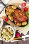 Potato Salad And Bacon Rib With Roasted Potatoes. Farmhouse Styl Stock Photo