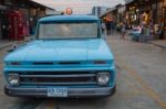 Old Vintage Blue Chevrolet Car At Night Market, Srinakarin Road Stock Photo