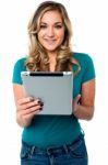 Female Model Using Tablet Pc Stock Photo