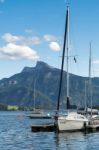 Yachts Moored At Lake Mondsee In Austria Stock Photo