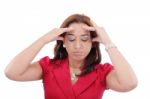 A Young Woman With A Headache Holding Head, Isolated On White Ba Stock Photo