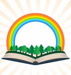 Illustration Of A Book With A Rainbow At The Forest Stock Photo