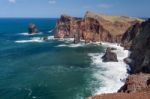 Cliffs At St Lawrence Madeira Showing Unusual Vertical Rock Form Stock Photo