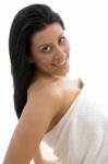 Side View Of Smiling Woman In Towel Stock Photo