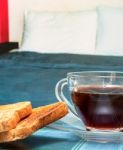 Coffee In Bed Shows Morning Meal And Beverage Stock Photo