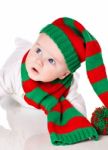 Baby With Christmas Hat And Scarf Stock Photo