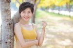 Portrait Of Young Beautiful Asian Woman With Short Hairs Style T Stock Photo