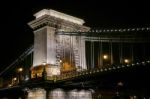 Chain Bridge Illuminated At Night In Budapest Stock Photo