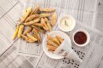 Fries French Ketchup Mayonnaise Herb Still Life Stock Photo