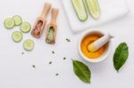 Natural Herbal Skin Care Products. Top View Ingredients Cucumber Stock Photo