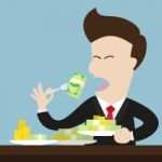 Businessman Eat Money Bill And Coin As Meal Stock Photo