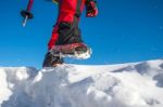 View Of Walking On Snow With Snow Shoes And Shoe Spikes In Winte Stock Photo