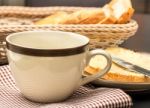 Breakfast Black Coffee Indicates Meal Time And Bread Stock Photo