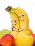 Two Loving Bananas With Eyes And Mouth Stock Photo