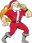 Super Santa Claus Carrying Sack Isolated Cartoon Stock Photo