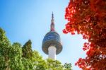 Seoul Tower And Red Autumn Maple Leaves At Namsan Mountain In South Korea Stock Photo