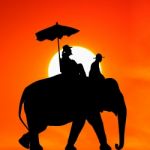 Silhouette Elephant With Tourist At Sunset Stock Photo