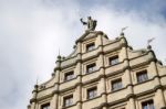 Statue Of A Soldier On Top Of A Building In Rothenburg Stock Photo