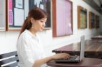 Portrait Of Thai Adult Businesswoman Beautiful Girl Using Computer Notebook Stock Photo