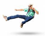 Young Man With Back Pack Sky Kick Jumping Action Isolated White Stock Photo