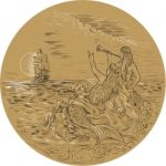 Siren On Island Waving Calling Tall Ship Circle Drawing Stock Photo