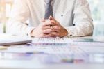 Working Process Startup. Businessman Working At The Wood Table W Stock Photo