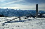 Alp Mountains Winter View With Blue Sky Stock Photo