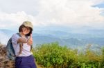 Tourist Teen Girl On Phu Chi Fa Mountain Stock Photo