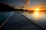 The Landscape Of Beautiful Wooden Bridge With Sunrise Stock Photo