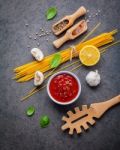 Italian Food And Menu Concept. Spaghetti With Ingredients Sweet Stock Photo