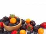 Fresh Summer Fruits, Cherry, Strawberry, Cape Gooseberry And Blu Stock Photo